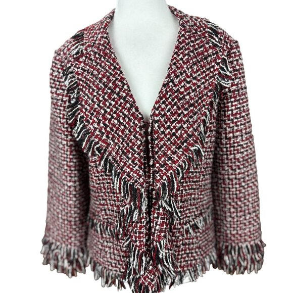 Whitehouse Black Market 14  Red Black Tweed Fringe Jacket Professional Blazer - Picture 2 of 12